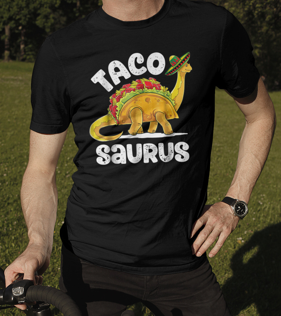 Tacosaurus Dinosaur Wearing Sombrero With Taco Shell Saddle T-Shirt