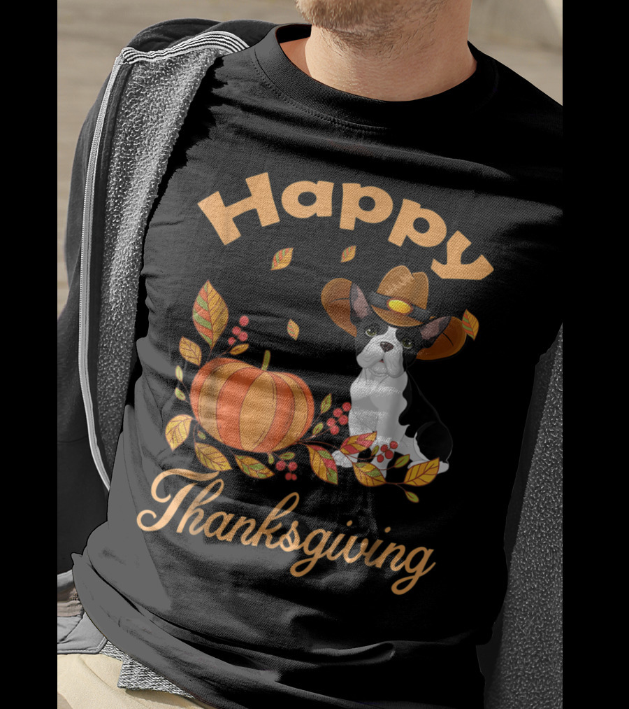 Happy Thanksgiving French Bulldogs Pilgrim Pumpkin Leaves T-Shirt