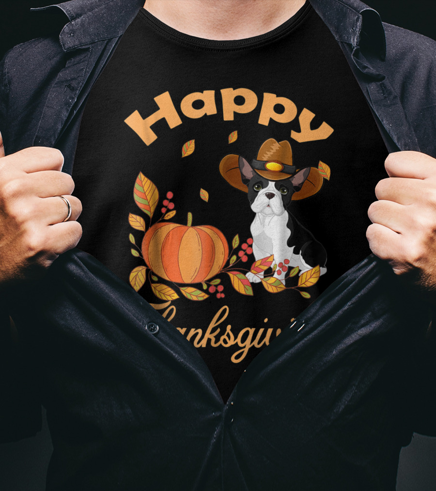 Happy Thanksgiving French Bulldogs Pilgrim Pumpkin Leaves T-Shirt
