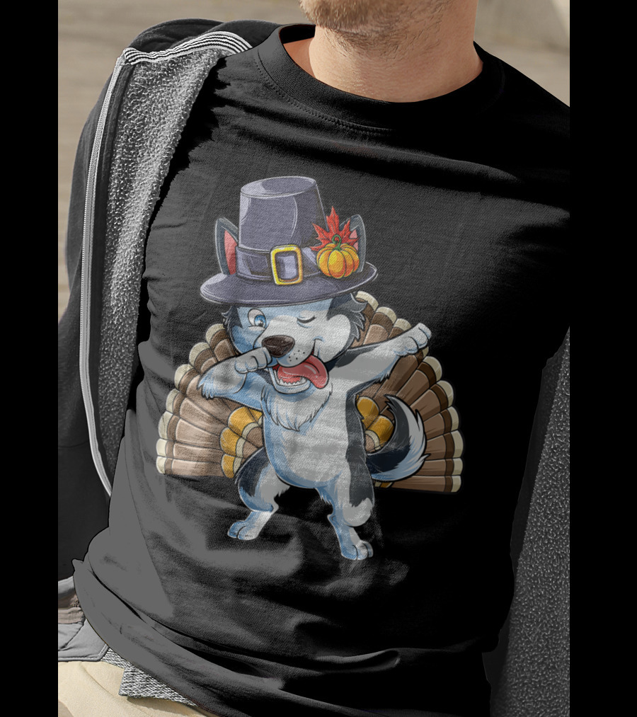 Thanksgiving Dabbing Siberian Husky In Pilgrim Hat With Turkey Feathers T-Shirt