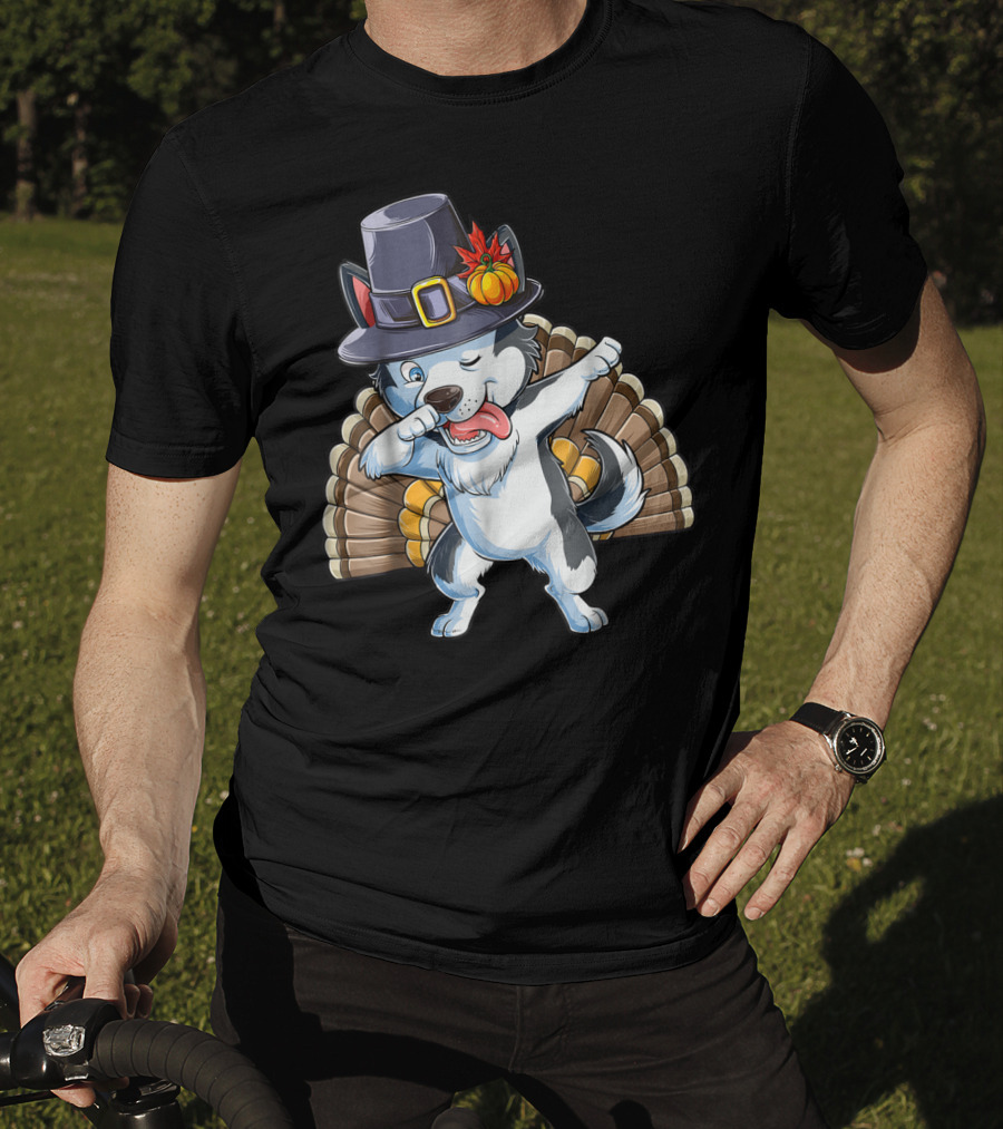 Thanksgiving Dabbing Siberian Husky In Pilgrim Hat With Turkey Feathers T-Shirt