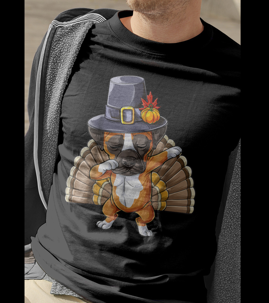 Thanksgiving Dabbing Boxer Turkey Dog In Pilgrim Hat T-Shirt