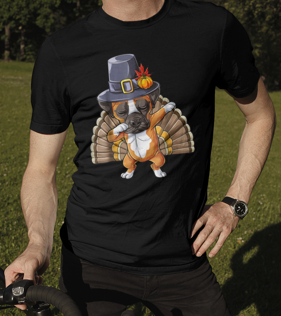 Thanksgiving Dabbing Boxer Turkey Dog In Pilgrim Hat T-Shirt