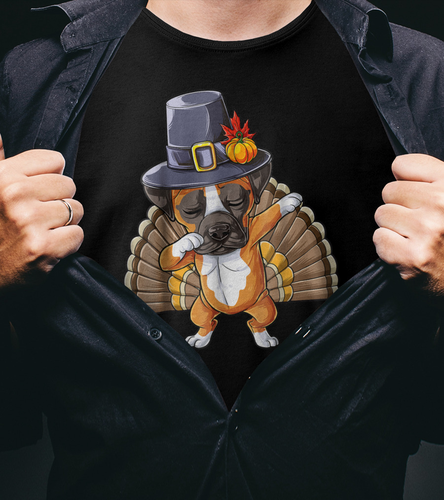 Thanksgiving Dabbing Boxer Turkey Dog In Pilgrim Hat T-Shirt