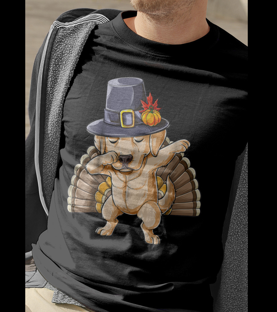 Thanksgiving Labrador Dabbing In Pilgrim Hat With Turkey Feathers T-Shirt