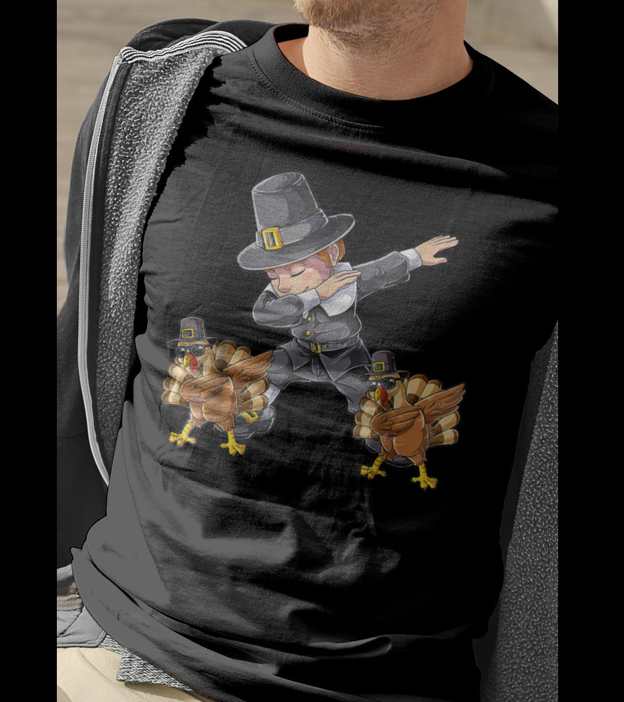 Thanksgiving Dabbing Pilgrim With Turkeys Kids UL T-Shirt