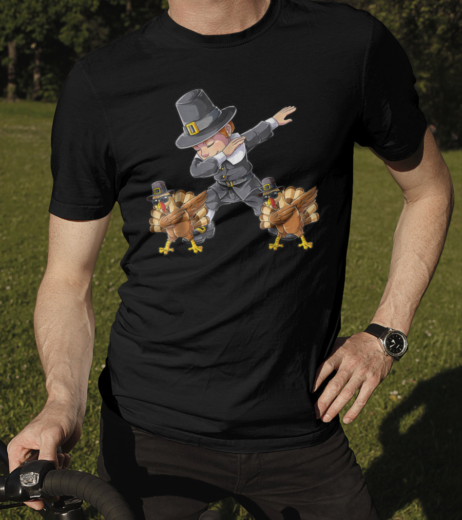 Thanksgiving Dabbing Pilgrim With Turkeys Kids UL T-Shirt