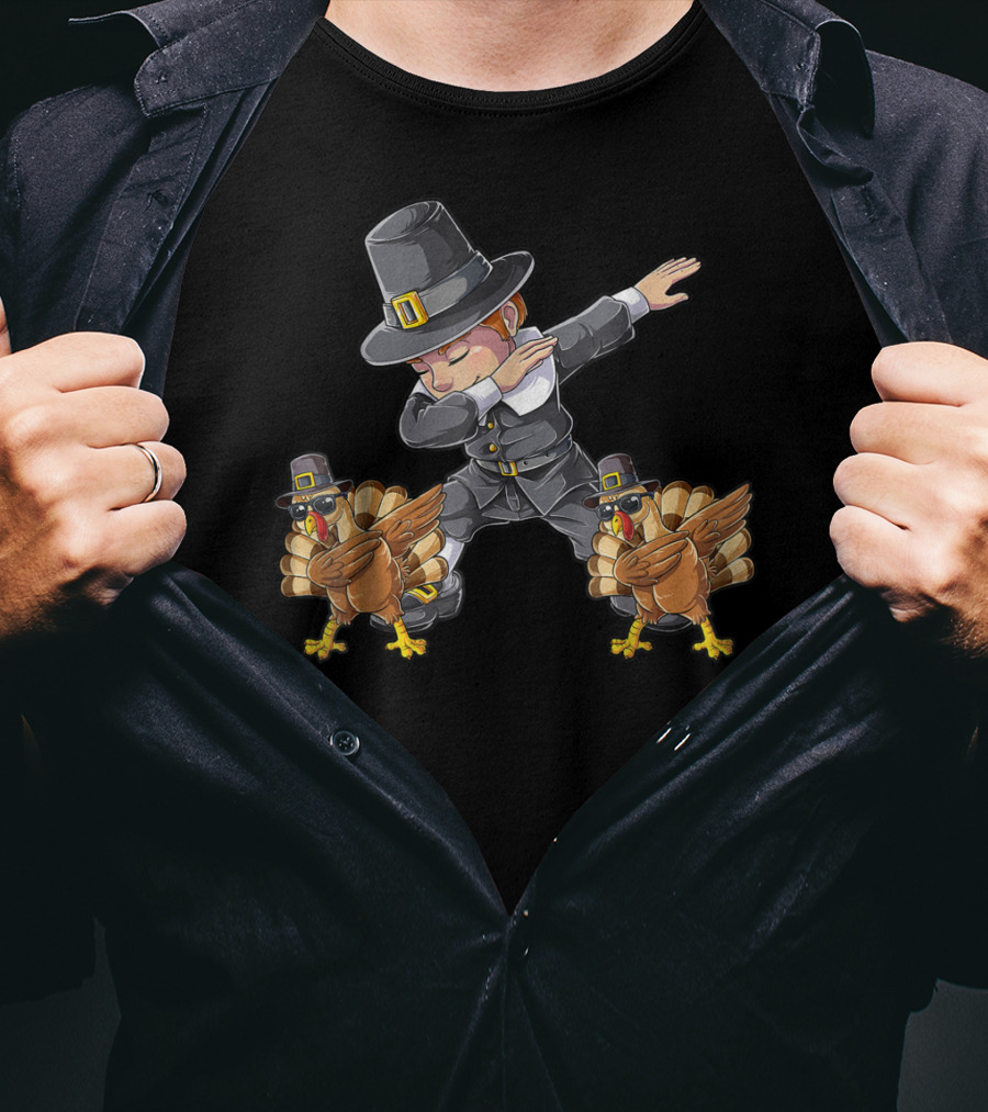 Thanksgiving Dabbing Pilgrim With Turkeys Kids UL T-Shirt