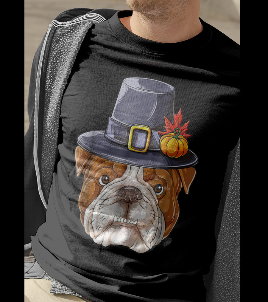 Thanksgiving Kids English Bulldog Pilgrim Hat Pumpkin Maple Leaf T-Shirt