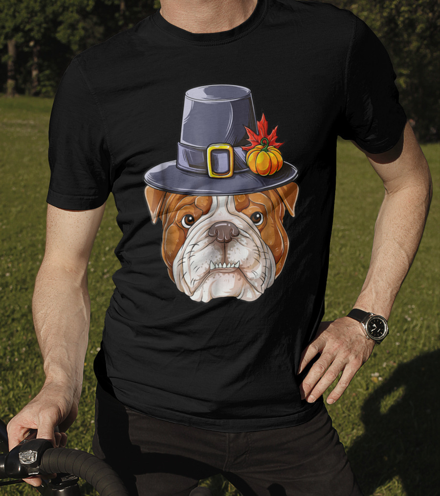 Thanksgiving Kids English Bulldog Pilgrim Hat Pumpkin Maple Leaf T-Shirt