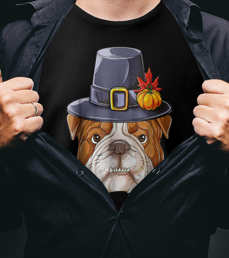 Thanksgiving Kids English Bulldog Pilgrim Hat Pumpkin Maple Leaf T-Shirt