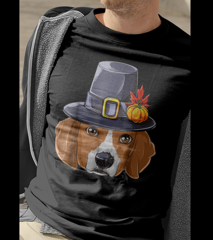 Thanksgiving Beagle Pilgrim Hat Pumpkin Leaf T-Shirt