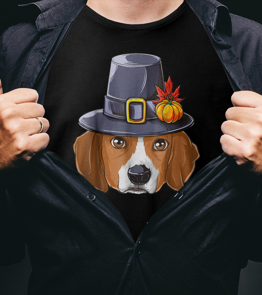 Thanksgiving Beagle Pilgrim Hat Pumpkin Leaf T-Shirt