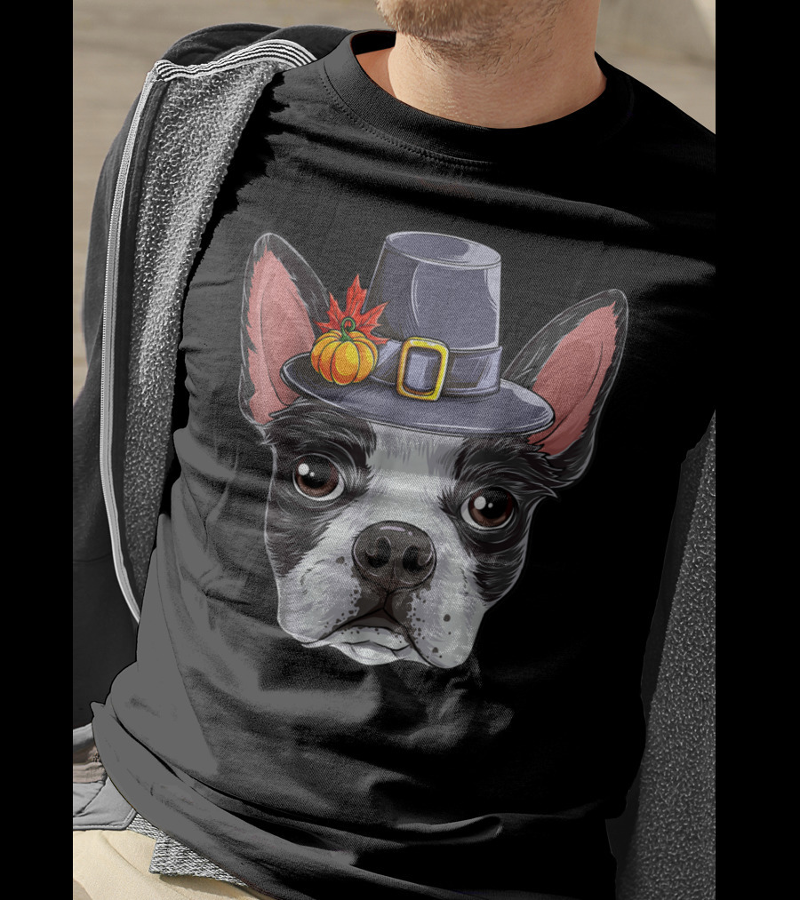 Thanksgiving Boston Terrier Pilgrim Hat Pumpkin T-Shirt