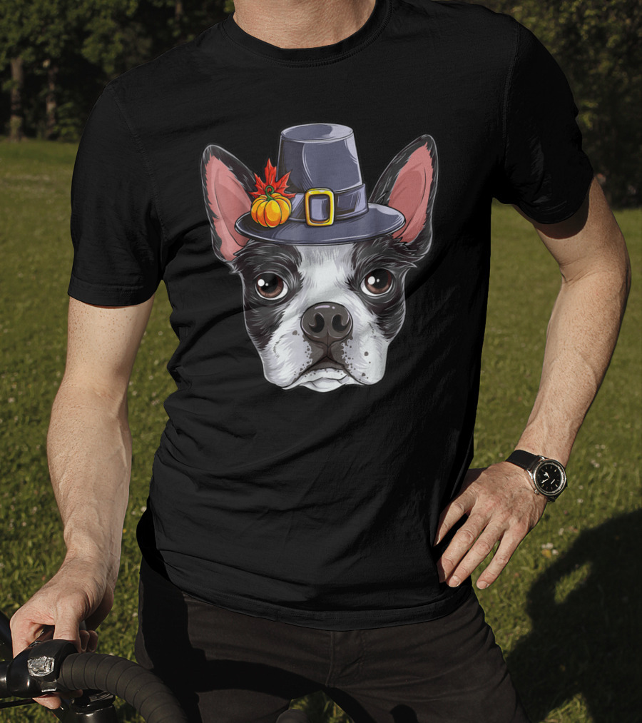 Thanksgiving Boston Terrier Pilgrim Hat Pumpkin T-Shirt