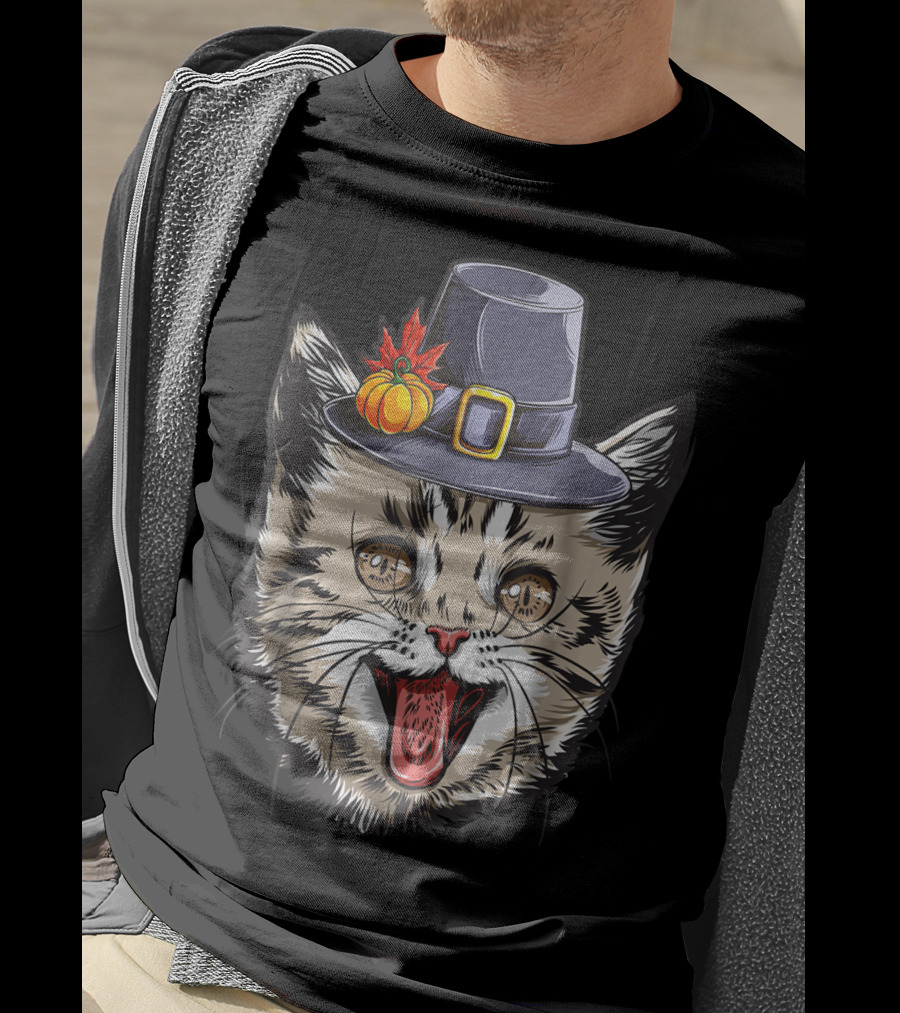 Thanksgiving Cat Pilgrim With Pumpkin Hat IY T-Shirt