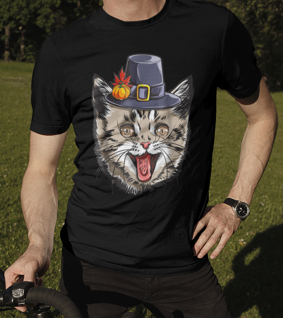 Thanksgiving Cat Pilgrim With Pumpkin Hat IY T-Shirt
