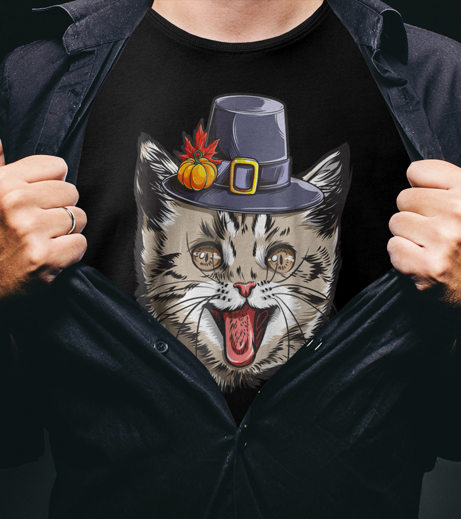 Thanksgiving Cat Pilgrim With Pumpkin Hat IY T-Shirt