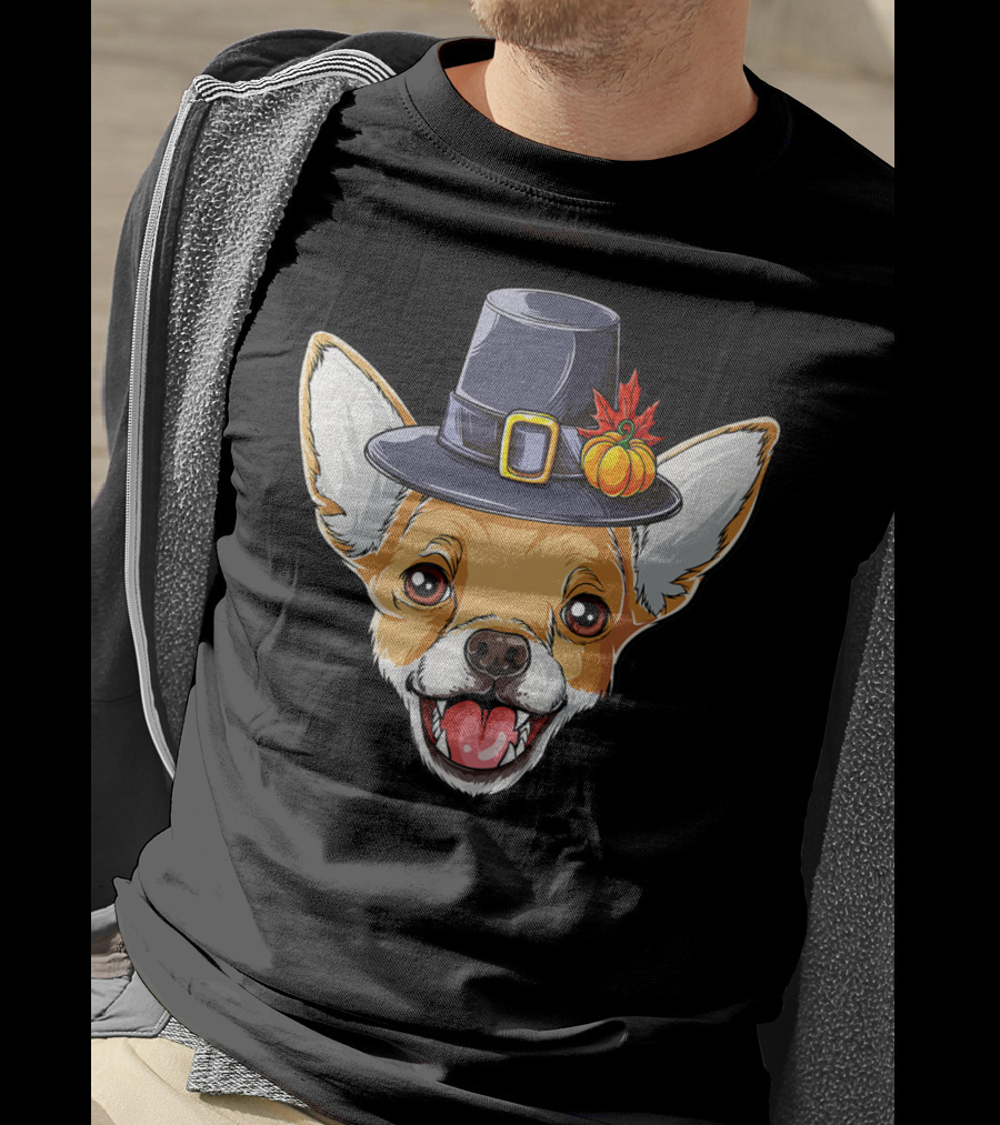 Pilgrim Hat Chihuahua With Thanksgiving Pumpkin And Leaf T-Shirt