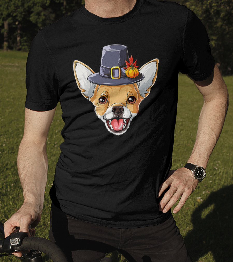 Pilgrim Hat Chihuahua With Thanksgiving Pumpkin And Leaf T-Shirt