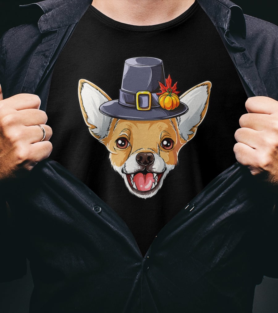 Pilgrim Hat Chihuahua With Thanksgiving Pumpkin And Leaf T-Shirt