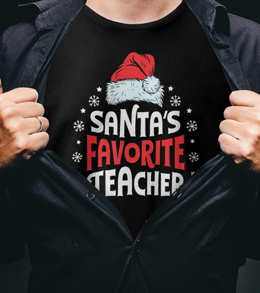 Santa's Favorite Teacher Christmas Women Funny Santa Hat Snowflakes T-Shirt