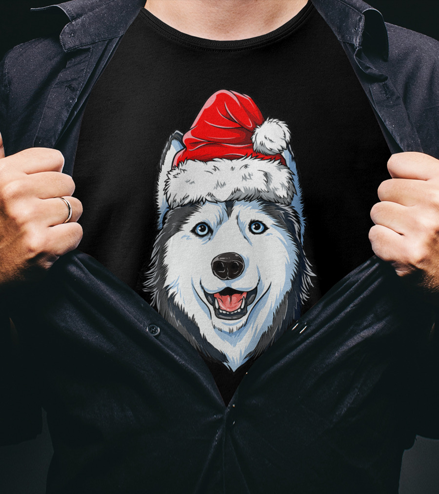 Siberian Husky Santa Christmas Hat Holiday Dog Festive T-Shirt