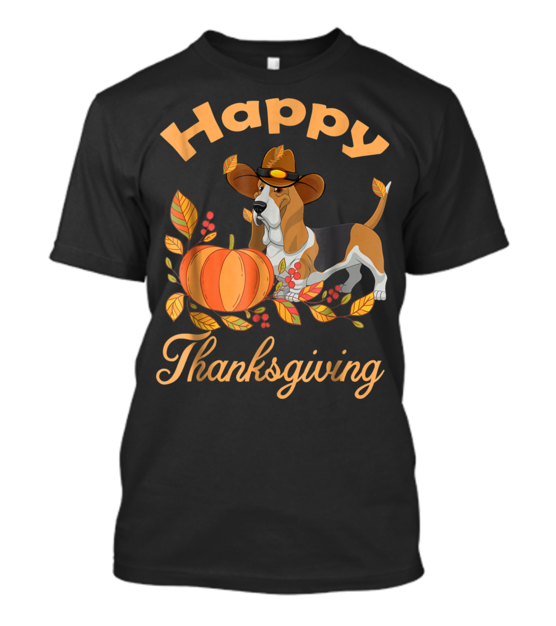 Happy Thanksgiving Basset Hound With Pumpkin And Pilgrim Hat T-Shirt