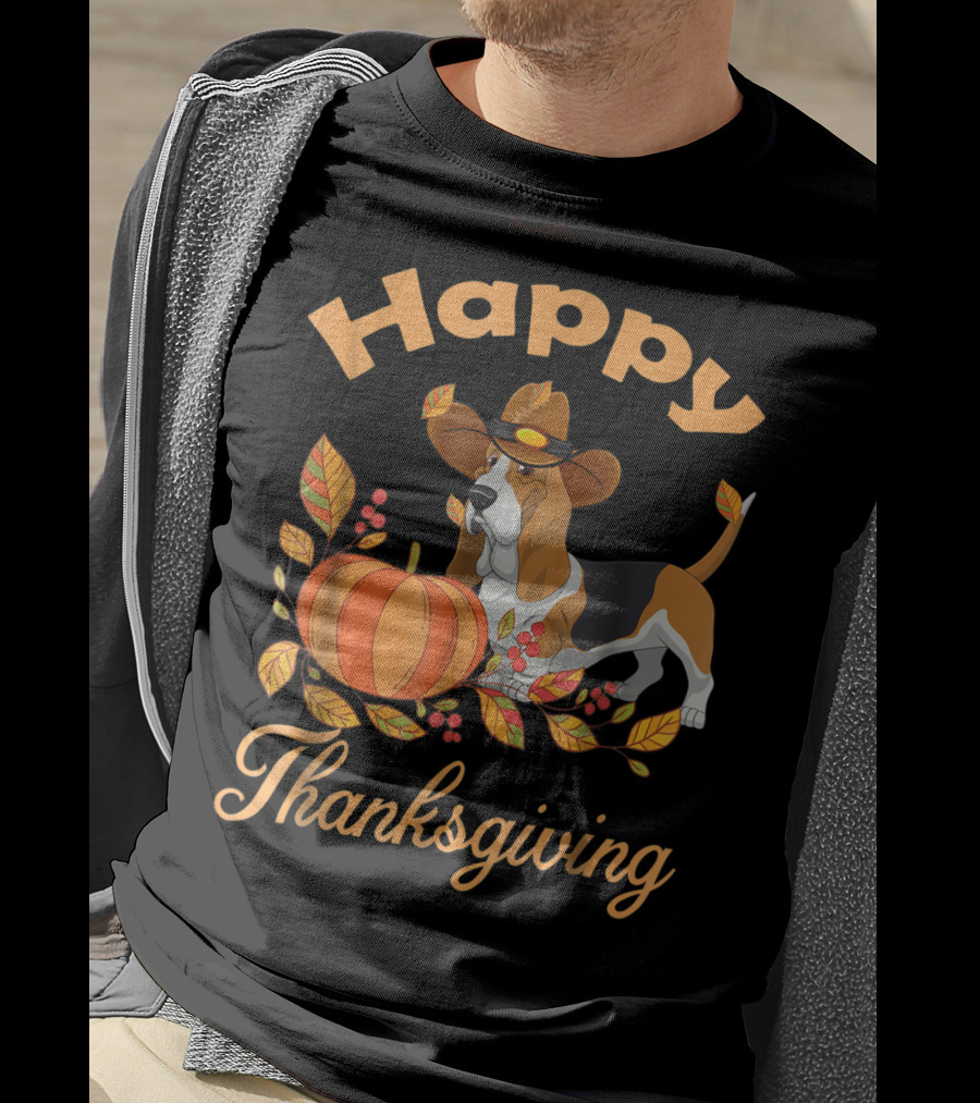 Happy Thanksgiving Basset Hound With Pumpkin And Pilgrim Hat T-Shirt