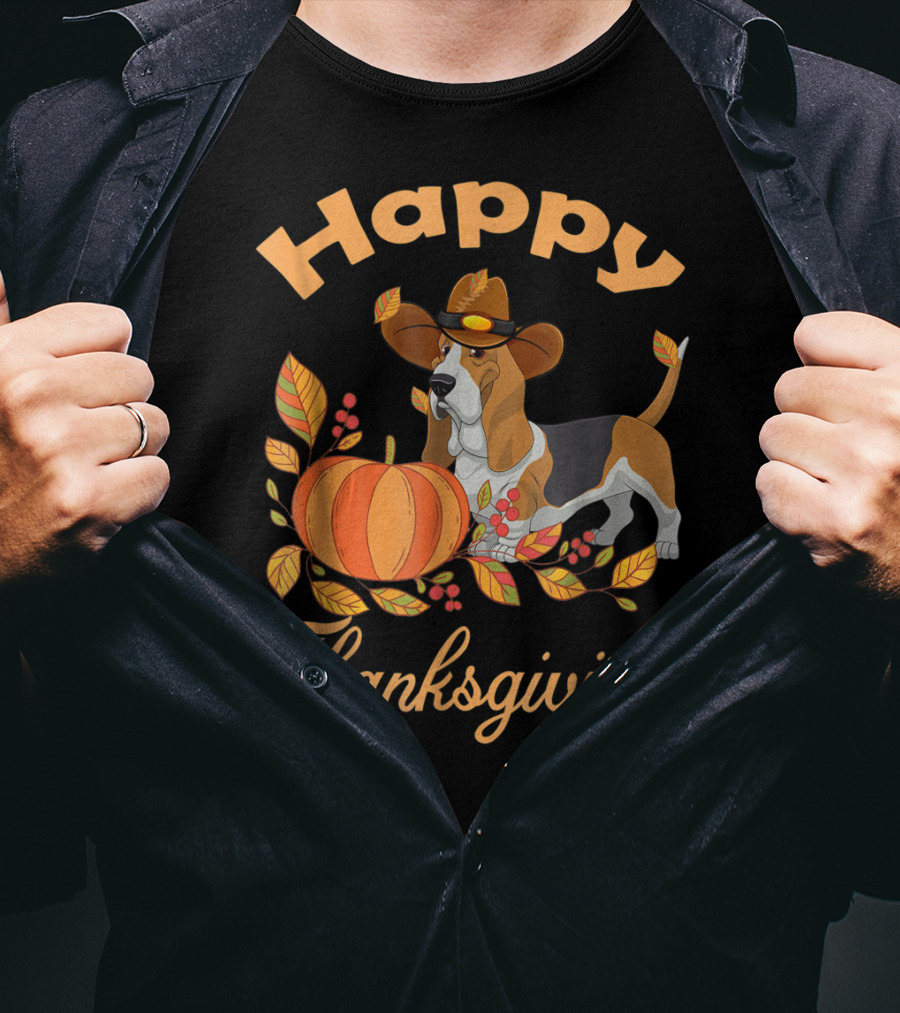 Happy Thanksgiving Basset Hound With Pumpkin And Pilgrim Hat T-Shirt