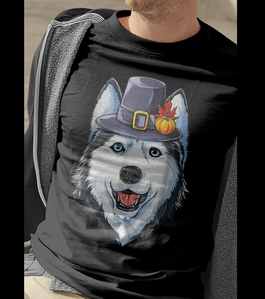 Thanksgiving Pilgrim Hat Siberian Husky With Pumpkin And Maple Leaf T-Shirt