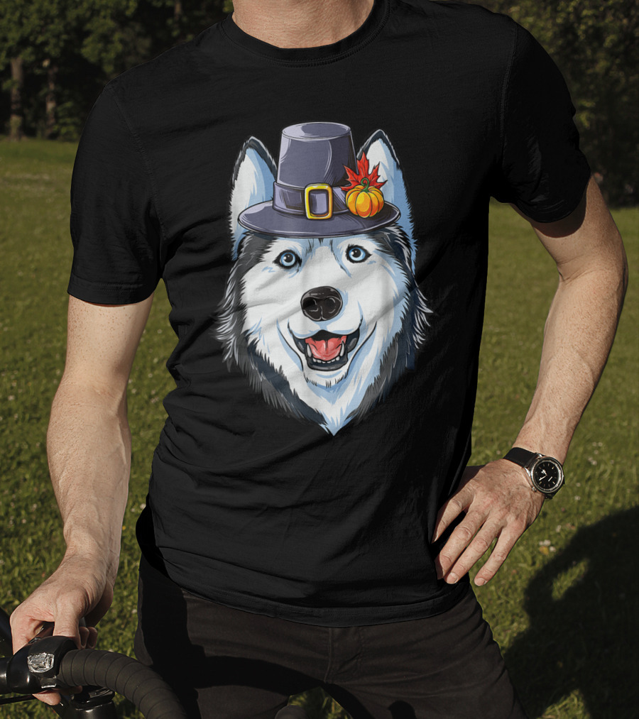 Thanksgiving Pilgrim Hat Siberian Husky With Pumpkin And Maple Leaf T-Shirt