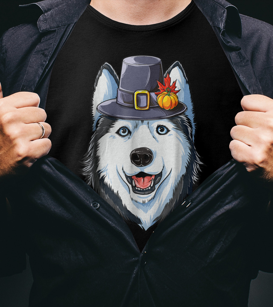Thanksgiving Pilgrim Hat Siberian Husky With Pumpkin And Maple Leaf T-Shirt