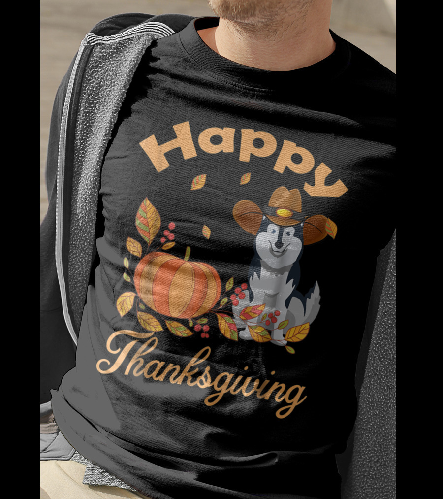 Happy Thanksgiving Siberian Husky With Pumpkin And Fall Leaves T-Shirt