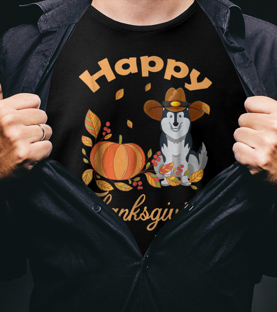 Happy Thanksgiving Siberian Husky With Pumpkin And Fall Leaves T-Shirt