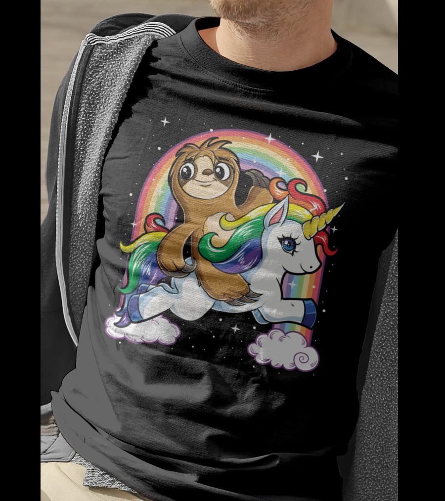 Sloth Riding Unicorn Rainbow Slothicorn Women Kids Fun T-Shirt