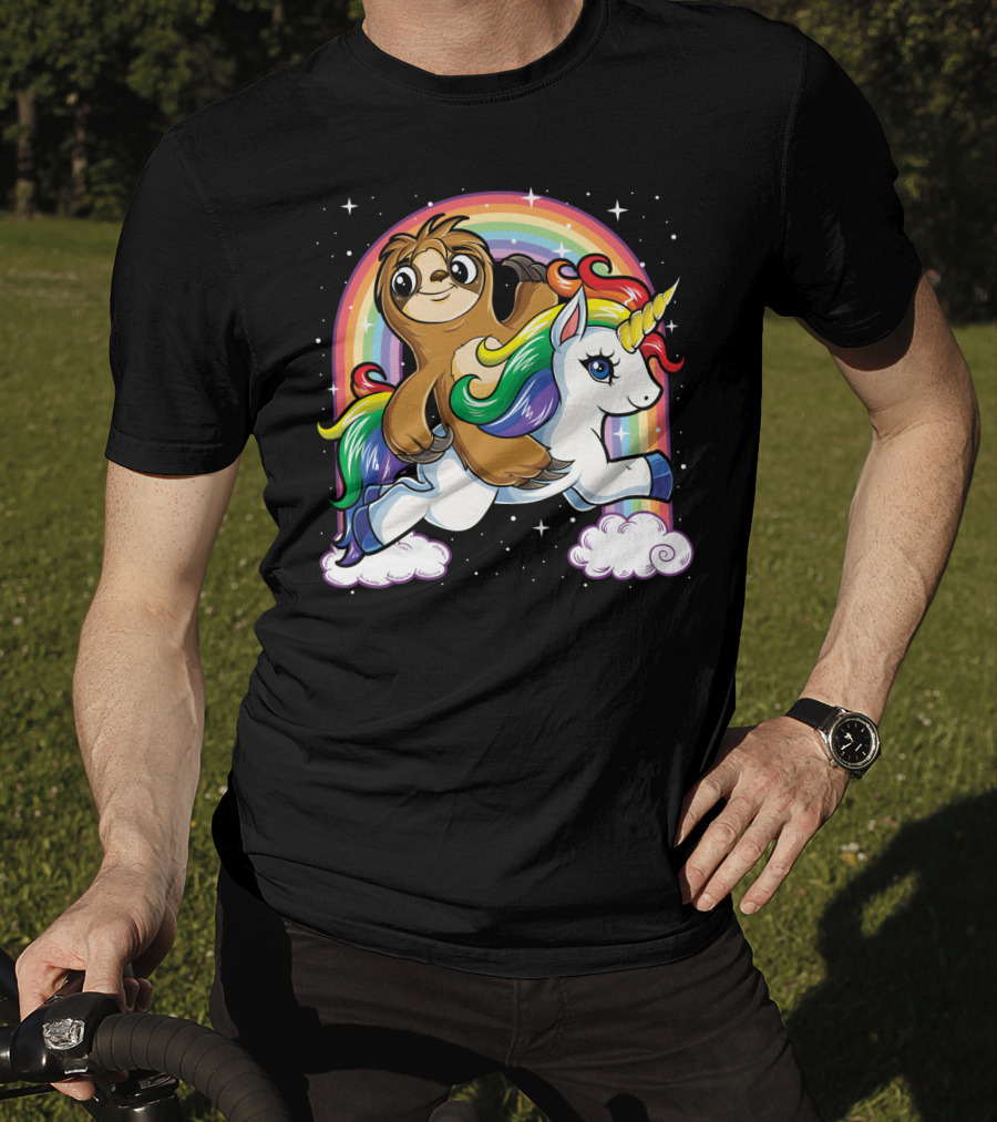 Sloth Riding Unicorn Rainbow Slothicorn Women Kids Fun T-Shirt