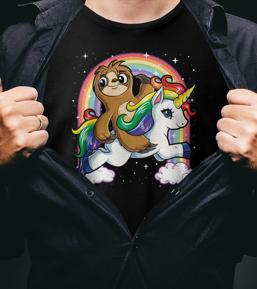 Sloth Riding Unicorn Rainbow Slothicorn Women Kids Fun T-Shirt