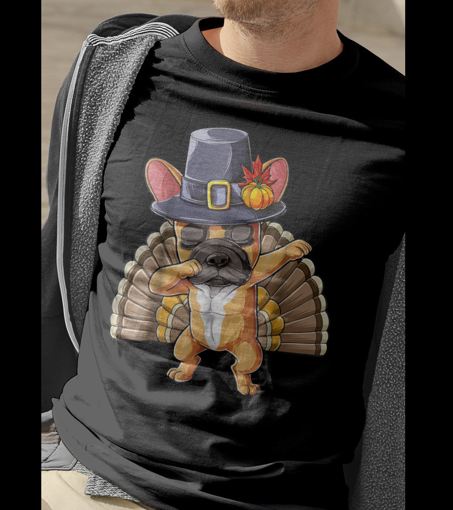 Thanksgiving Dabbing French Bulldog Pilgrim Hat Turkey Tail T-Shirt