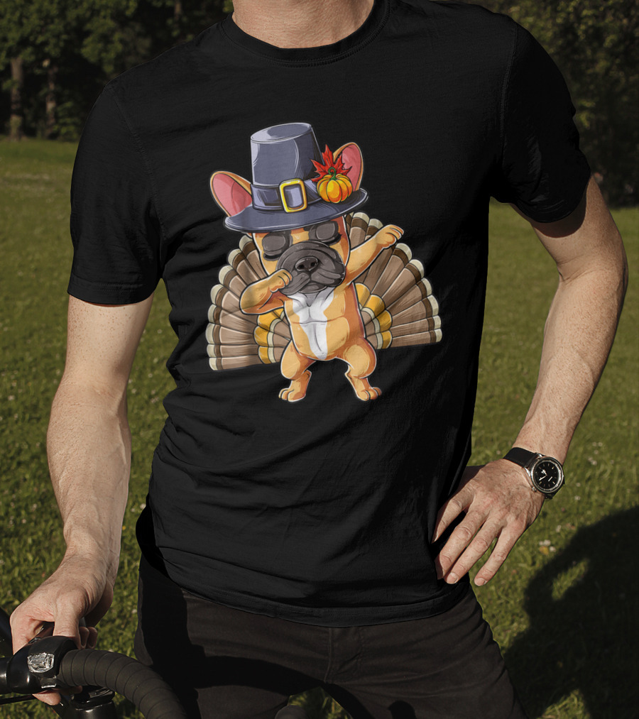 Thanksgiving Dabbing French Bulldog Pilgrim Hat Turkey Tail T-Shirt