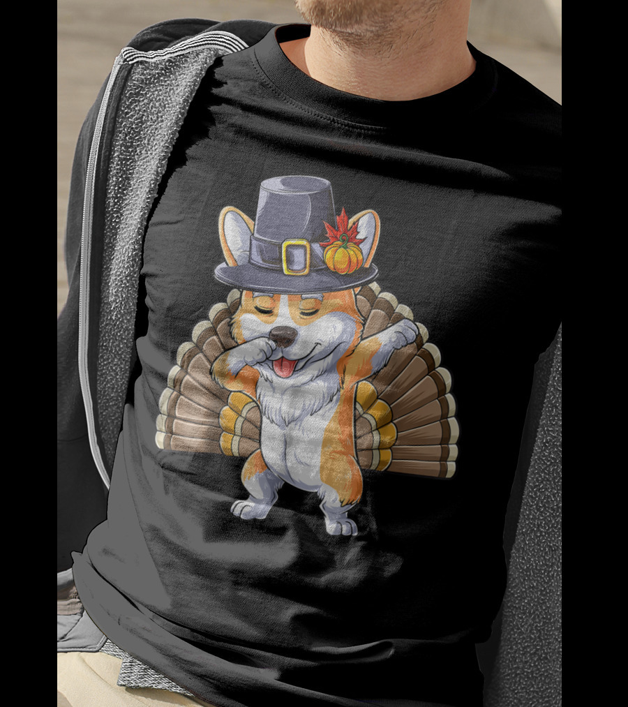 Thanksgiving Pilgrim Corgi Dabbing With Turkey Feathers T-Shirt