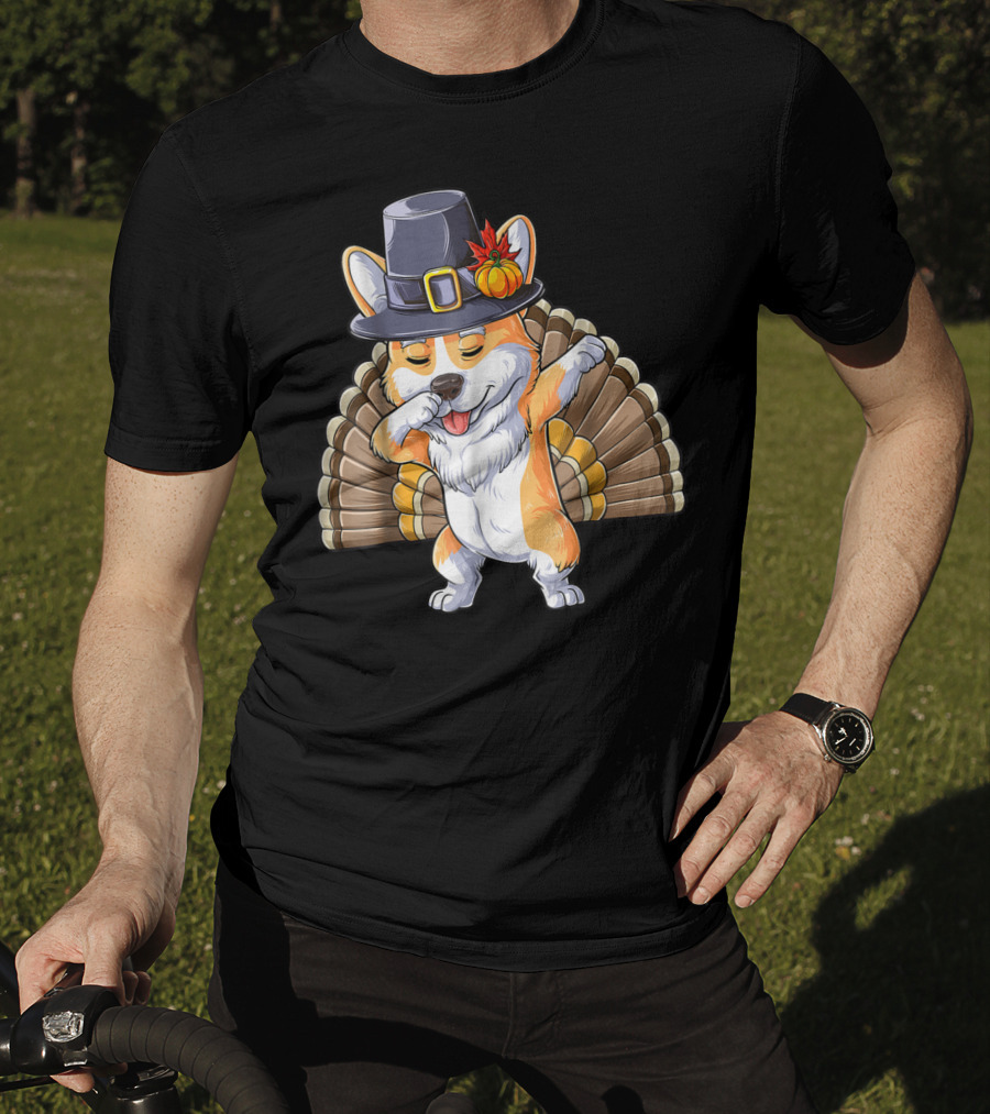 Thanksgiving Pilgrim Corgi Dabbing With Turkey Feathers T-Shirt