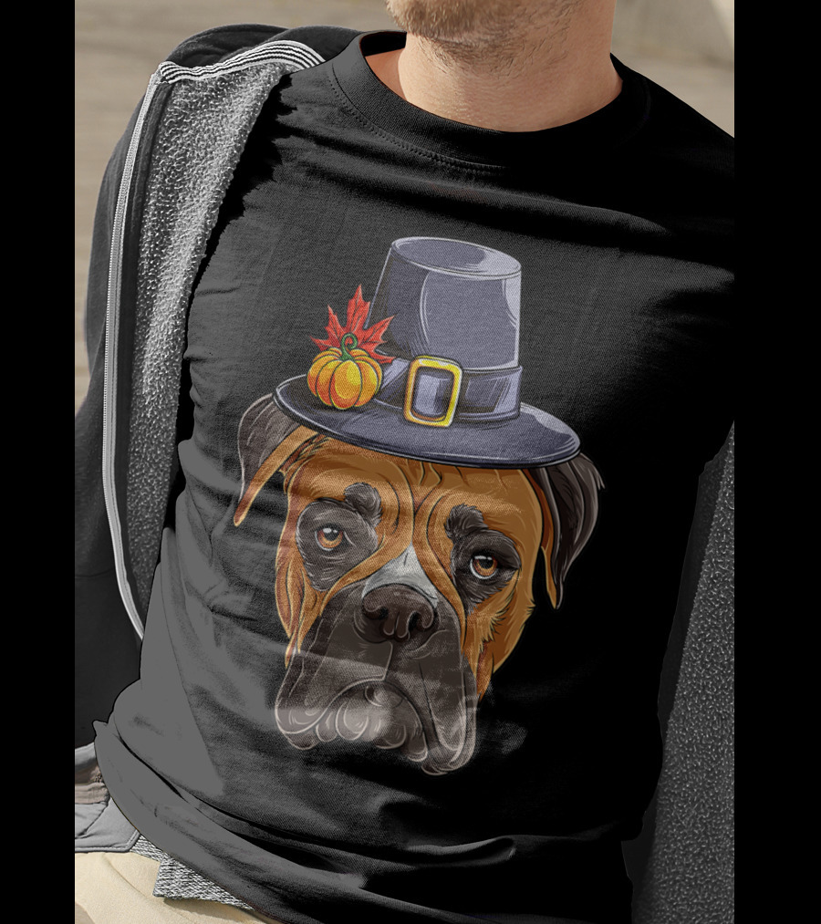 Thanksgiving Boxer Dog Pilgrim Hat Pumpkin Leaf T-Shirt