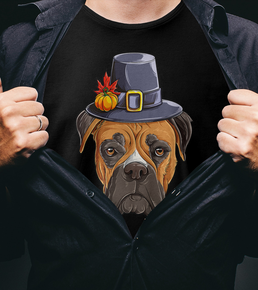 Thanksgiving Boxer Dog Pilgrim Hat Pumpkin Leaf T-Shirt