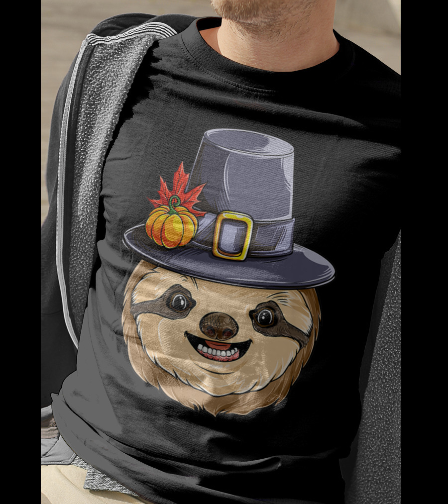 Thanksgiving Sloth With Pilgrim Hat Pumpkin And Autumn Leaves T-Shirt