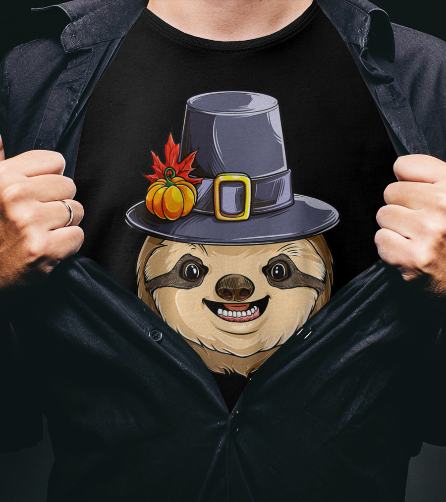Thanksgiving Sloth With Pilgrim Hat Pumpkin And Autumn Leaves T-Shirt