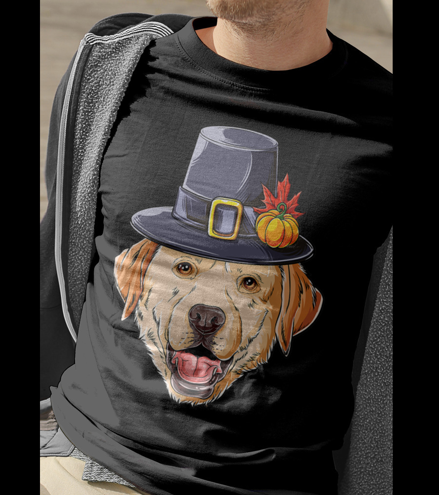 Thanksgiving Dog In Pilgrim Hat With Pumpkin And Leaf T-Shirt