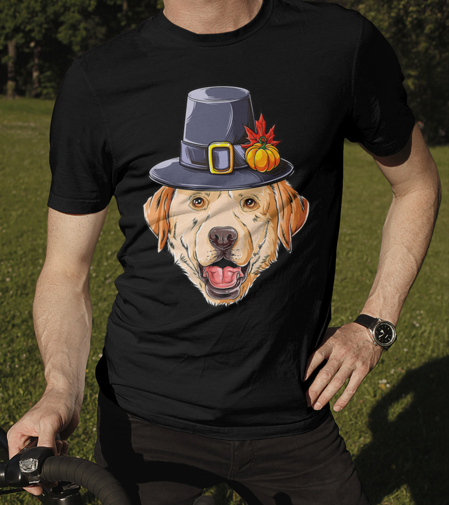 Thanksgiving Dog In Pilgrim Hat With Pumpkin And Leaf T-Shirt