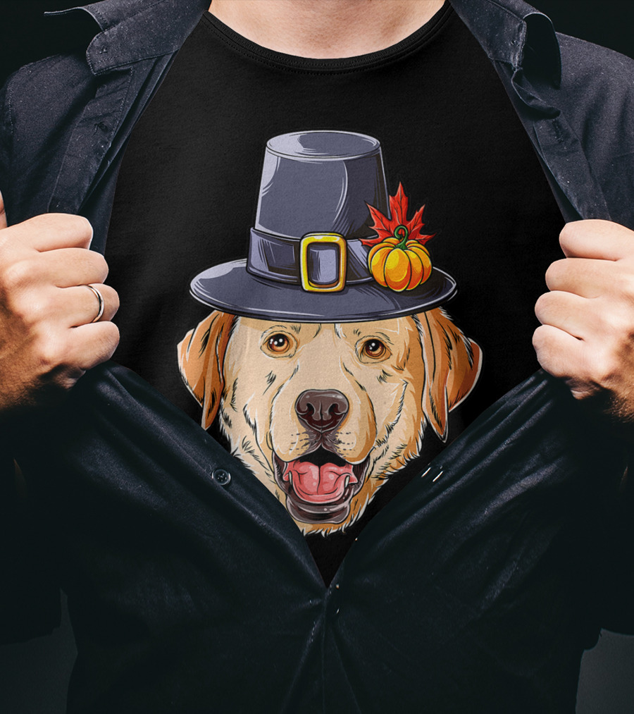 Thanksgiving Dog In Pilgrim Hat With Pumpkin And Leaf T-Shirt