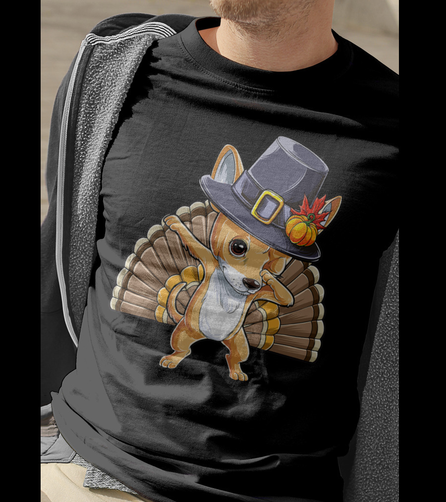 Thanksgiving Dabbing Chihuahua Pilgrim Hat Turkey Feathers T-Shirt